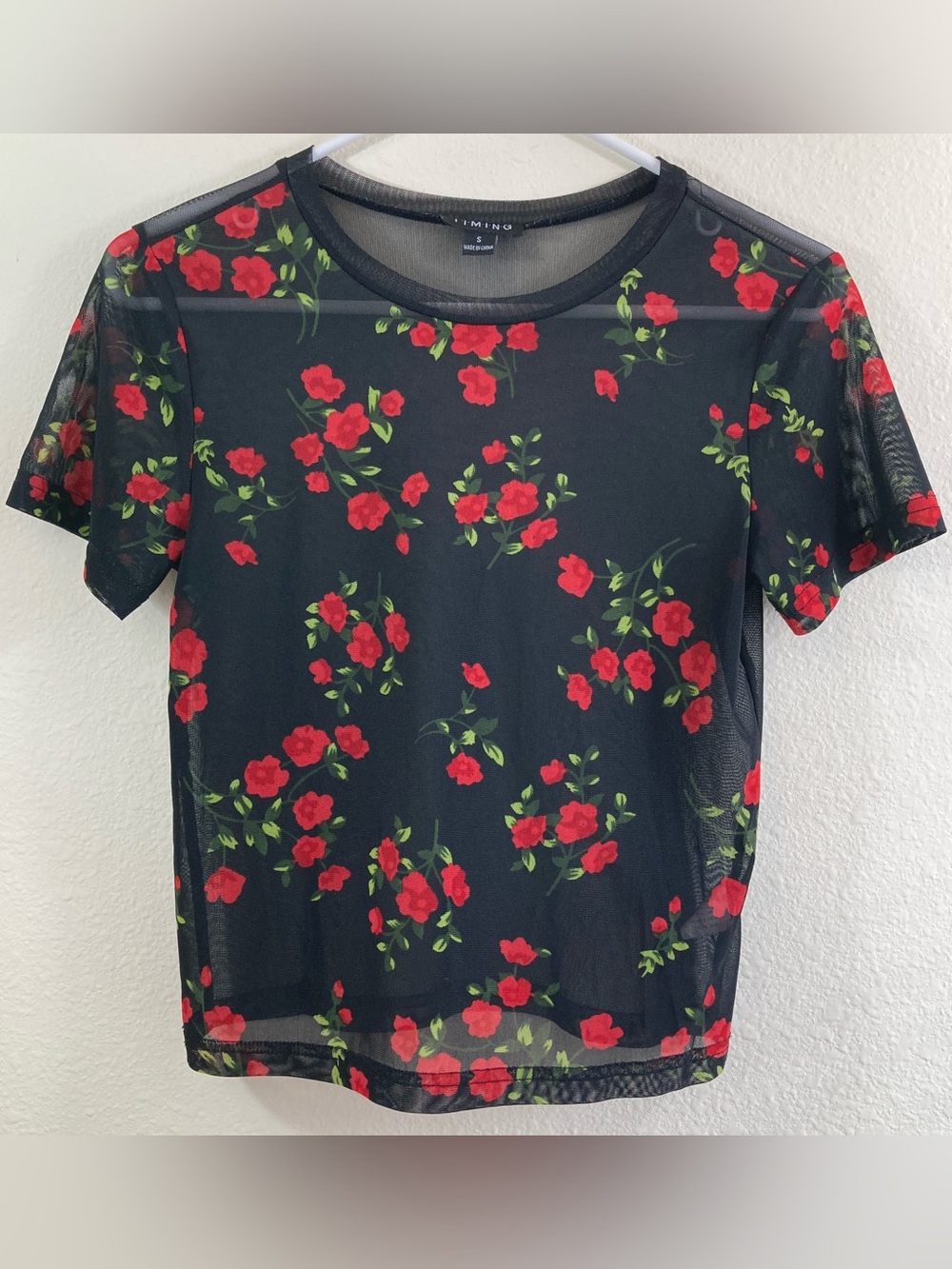 Timing Black Floral Mesh Top Size S Short Sleeve Stretch Sheer